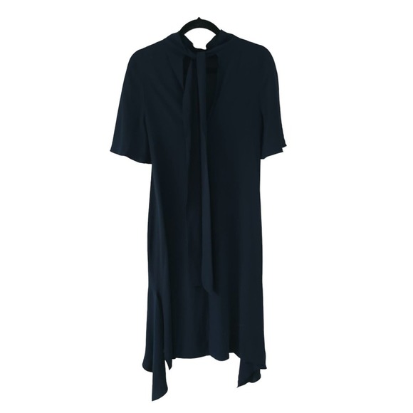 Lewit Womens Midi Dress 4 Dark Navy Blue Shift Short Sleeve Mock Neck Asymmetric - Picture 4 of 6